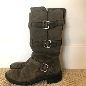 Women's Dark Gray Leather Buckle Boots